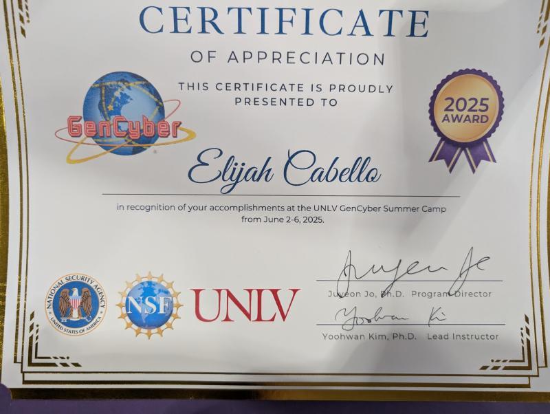 UNLV GenCyber Camp Certificate awarded to Elijah Cabello